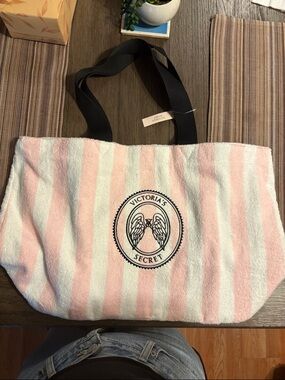 Victoria's Secret Pink & White Striped Beach Tote with Black Handles